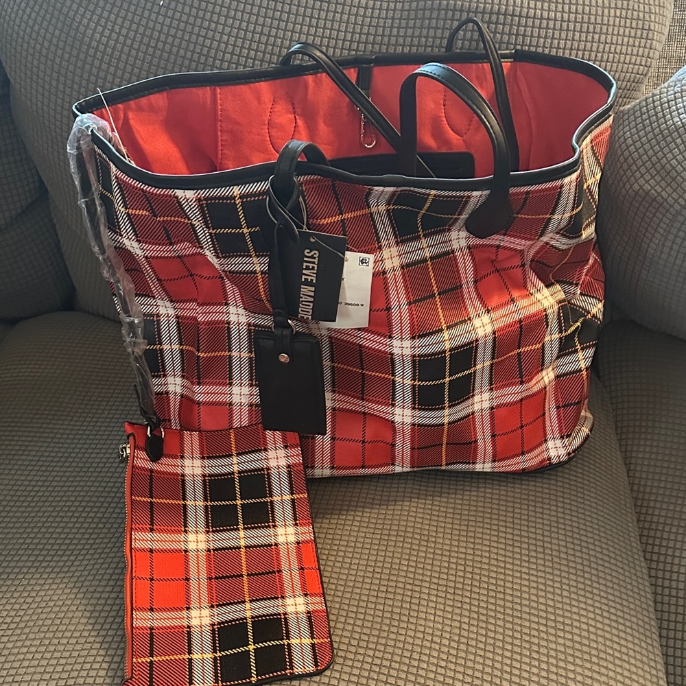 Steve Madden Red and Black Plaid Tote with Matching Zip Pouch